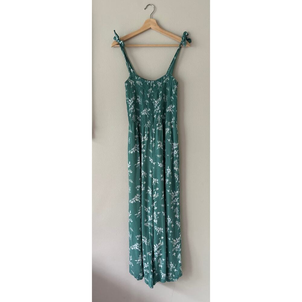 YIREH Green Floral Leah Tie Strap Smocked Jumpsuit Size L